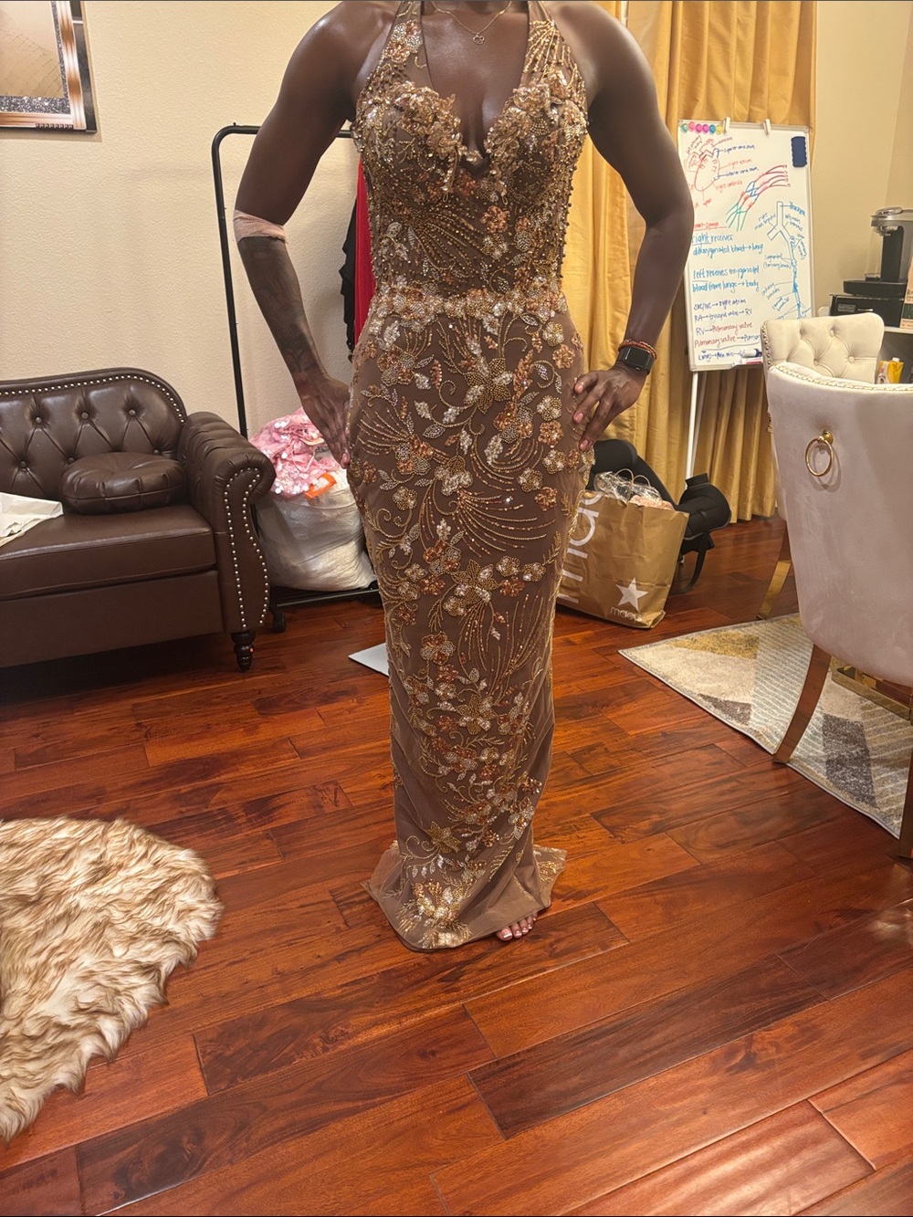 Gold Sequin Embellished Halter Evening Gown